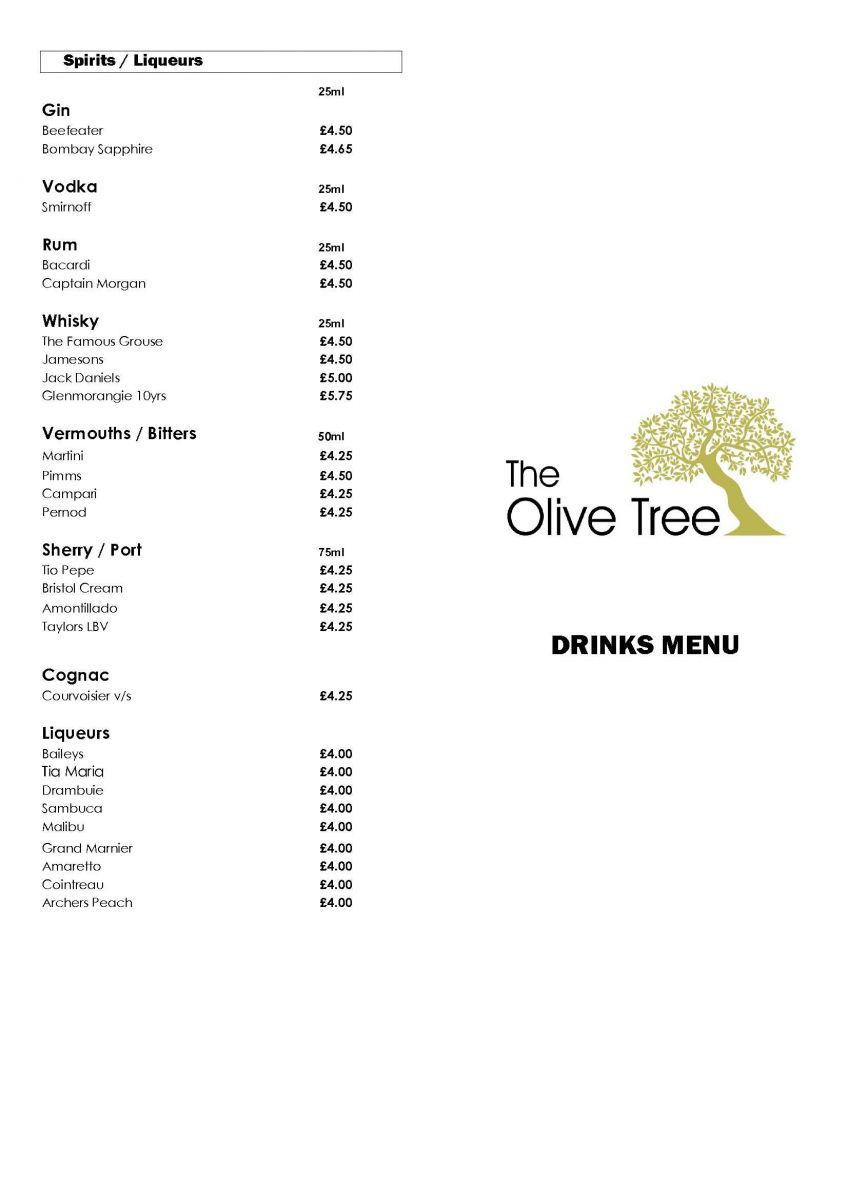 Drinks Menu All day at The Olive Tree Ashtead Park Garden Centre